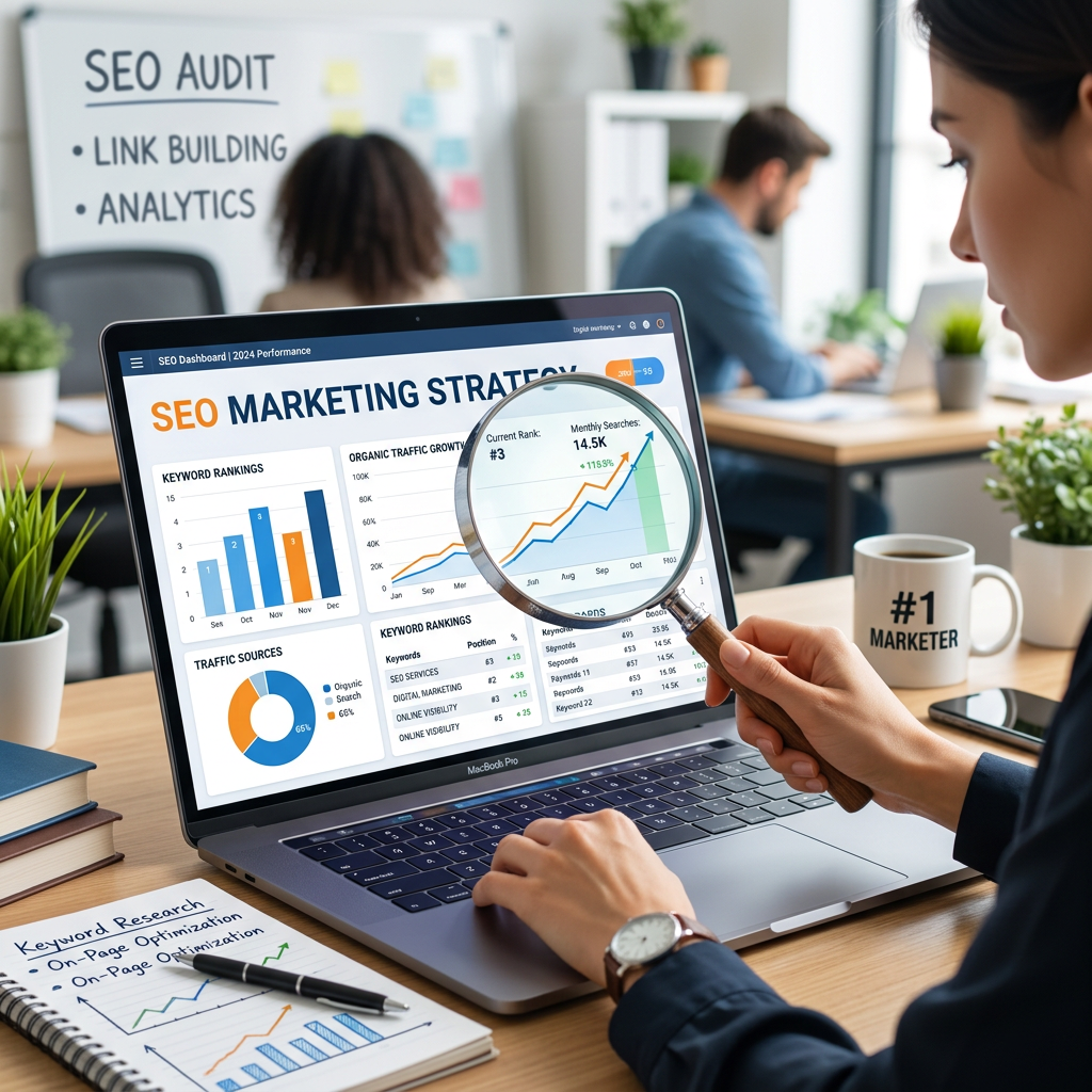 Person analyzing SEO marketing strategy graphs and keyword rankings on laptop screen
