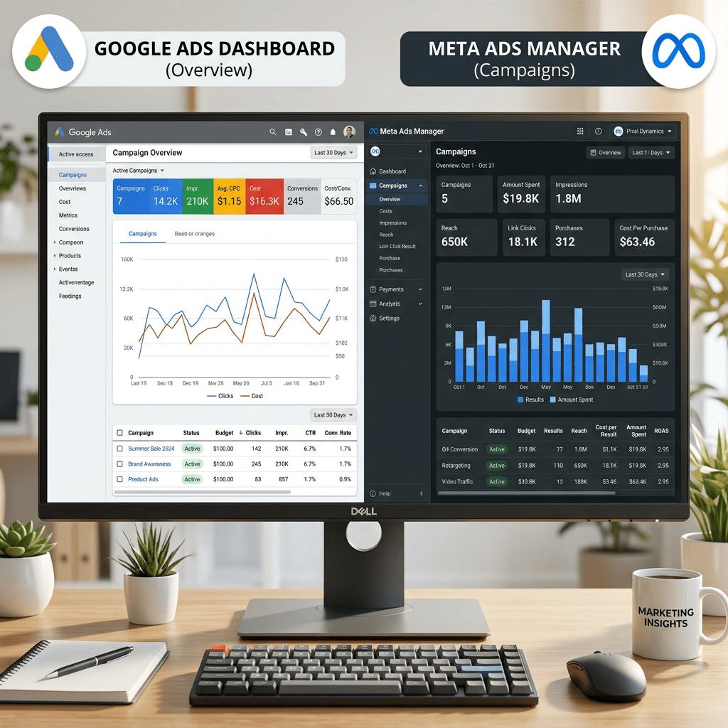 Google Ads dashboard alongside Meta Ads Manager dashboard showing campaign statistics and graphs