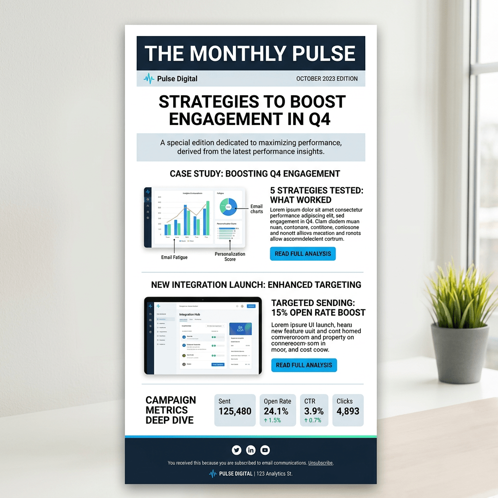 Dark dashboard showing email campaign performance metrics and a newsletter design preview
